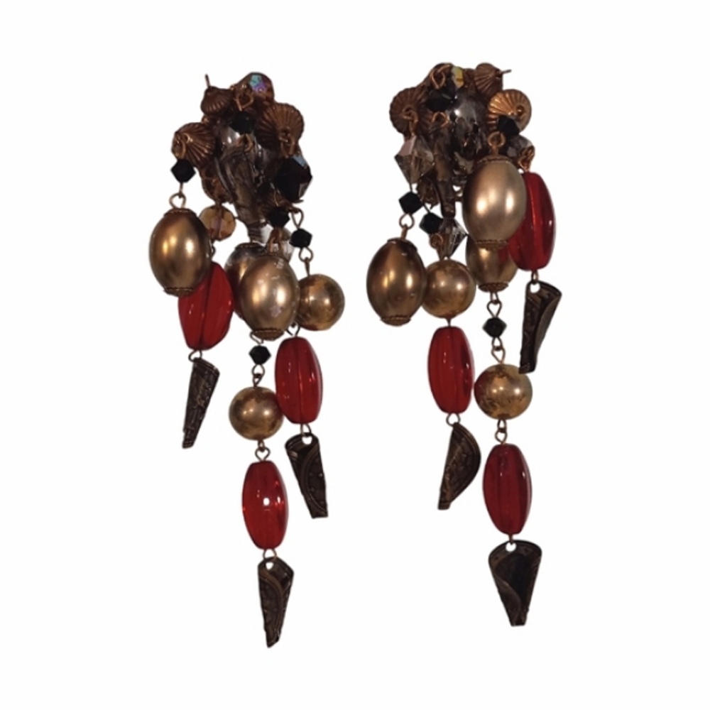Vintage Handmade Beaded Clip On Dangle Earrings